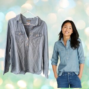 LL Bean Signature Women's Cotton Denim Popover Button Pockets Size L